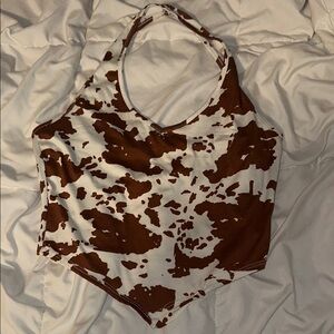 Brown and White Asymmetrical Crop Tank Top